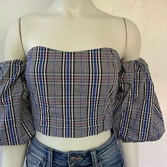 Zara plaid strapless top balloon sleeve - Picture 6 of 8